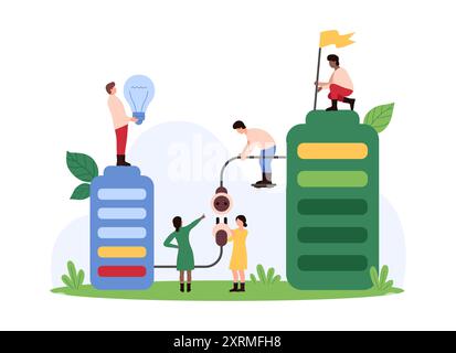 Low energy, charging progress from empty to full battery indicator, power station. Tiny people connect plug and socket to charge dead battery, recharge accumulator cartoon vector illustration Stock Vector