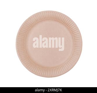 New disposable cardboard round plate isolated on white. Stock Photo