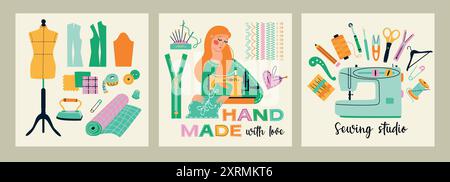 Illustrations set banners of sewing tools icons tailor hand made workshop Stock Vector