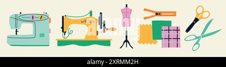 Illustrations set banners of sewing tools icons tailor hand made workshop Stock Vector