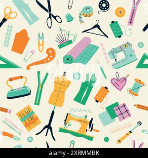 Seamless pattern of sewing tools icons tailor hand made workshop Stock Vector