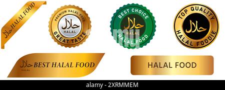 halal food sign meal beverage restaurant eatery label stamp sticker mark muslim approved product stamp ribbon collection icon design illustration Stock Vector