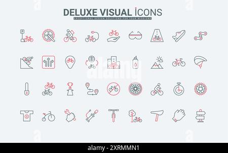 Equipment and accessories of cyclist, bike racing, eco transportation line icons set. Mountain bicycle, parts for repair, public sharing thin black and red outline symbols vector illustration Stock Vector