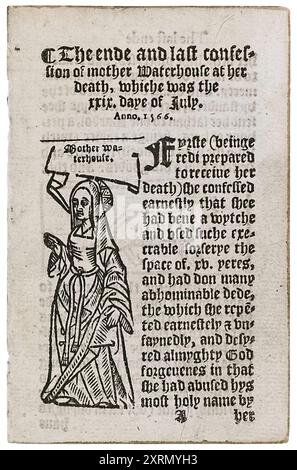 Agnes Waterhouse (1503-1566) also known as ‘Mother Waterhouse’ was put on trial in Chelmsford in 1566 for using witchcraft to cause illness to William Fynne and was one of the first women executed for witchcraft in England. Woodcut from a pamphlet from 'The examination and confession of certaine Wytches at Chensforde in the Countie of Essex before the Quenes Maiesties Judges the XXVI daye of July anno 1566” by John Phillips published in 1566. Stock Photo