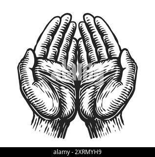 Cupped hands gesture sketch. Folded arms. Vintage vector illustration engraving style Stock Vector