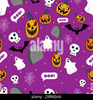 Halloween themed cartoon seamless pattern with pumpkin, ghost, bat, and skull elements Stock Vector
