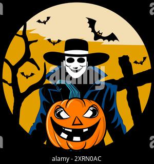 Scary Halloween Character with pumpkins and eerie bats and a gravestone Stock Vector