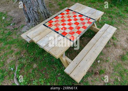 A picnic table with a chess or checkers board painted on the top. It appears old and faded. It is next to a tree trunk and rests on grass and dirt. Stock Photo
