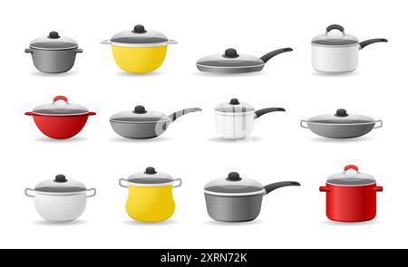 Cooking pans. Kitchen pots. Metal saucepans. Cook dishes. Stainless lid. Steel boiling ladle. Tools for frying or soup preparing. Domestic crockery. Dinner preparation cookware. Vector kitchenware set Stock Vector