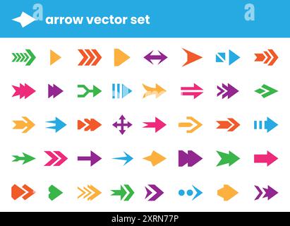Arrow stickers. Pointer icons. Simple round button. Modern web forward symbols. UI app cursor. Navigation pin. Straight or curve shapes. Swipe signs. Digital next or play elements. Vector design set Stock Vector