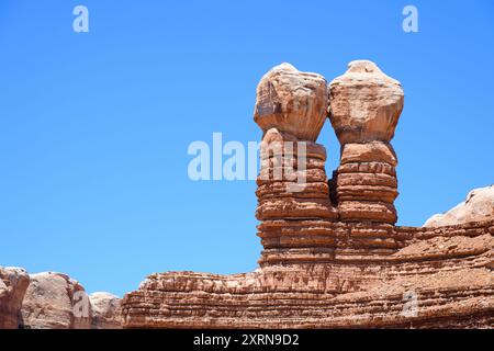 Twin Rocks geological feature named for Hero Twins of Navajo ledend in Southeast Utah desert Stock Photo