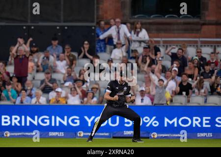 Manchester, UK. 11th August 2024; Old Trafford Cricket Ground, Manchester, England; The Hundred Mens Cricket, Manchester Originals versus Northern Superchargers; Jamie Overton of Manchester Originals celebrates after catching Harry Brook of Northern Superchargers in the deep Credit: Action Plus Sports Images/Alamy Live News Stock Photo