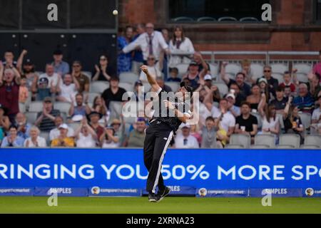 Manchester, UK. 11th August 2024; Old Trafford Cricket Ground, Manchester, England; The Hundred Mens Cricket, Manchester Originals versus Northern Superchargers; Jamie Overton of Manchester Originals celebrates after catching Harry Brook of Northern Superchargers in the deep Credit: Action Plus Sports Images/Alamy Live News Stock Photo