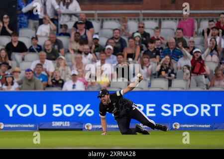 Manchester, UK. 11th August 2024; Old Trafford Cricket Ground, Manchester, England; The Hundred Mens Cricket, Manchester Originals versus Northern Superchargers; Jamie Overton of Manchester Originals celebrates after catching Harry Brook of Northern Superchargers in the deep Credit: Action Plus Sports Images/Alamy Live News Stock Photo