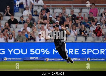 Manchester, UK. 11th August 2024; Old Trafford Cricket Ground, Manchester, England; The Hundred Mens Cricket, Manchester Originals versus Northern Superchargers; Jamie Overton of Manchester Originals celebrates after catching Harry Brook of Northern Superchargers in the deep Credit: Action Plus Sports Images/Alamy Live News Stock Photo