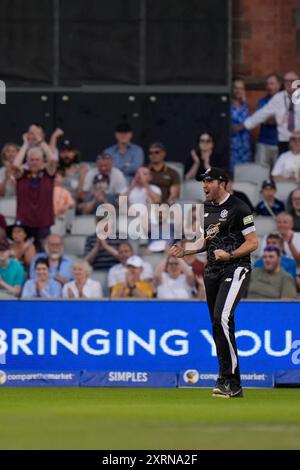 Manchester, UK. 11th August 2024; Old Trafford Cricket Ground, Manchester, England; The Hundred Mens Cricket, Manchester Originals versus Northern Superchargers; Jamie Overton of Manchester Originals celebrates after catching Harry Brook of Northern Superchargers in the deep Credit: Action Plus Sports Images/Alamy Live News Stock Photo