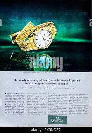 A gleaming gold Omega Seamaster watch is prominently displayed in this vintage 1965 advertisement. Stock Photo