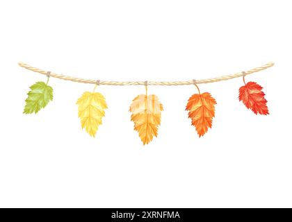 Garland of autumn leaves. Hand drawn watercolor illustration isolated. Composition of autumn maple foliage. Decorating Harvest fest and Thanksgiving Stock Photo