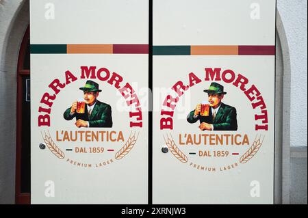 Winterthur, Switzerland - July 1, 2024: Birra Moretti is an Italian beer brand with a rich history dating back to 1859 Stock Photo