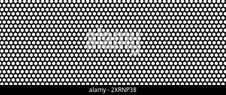 Repeated round dots. White circles on black background. Peg board, radiator or speaker grill surface with repeated holes. Mosaic holey print Stock Vector