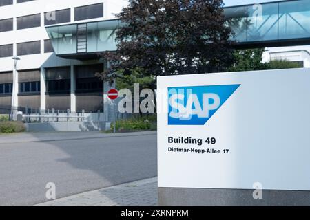 SAP SE logo prominently displayed on modern corporate headquarters facade, SAP corporate campus, symbolizing global software industry leadership, Wall Stock Photo