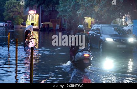 New Delhi, India. 11th Aug, 2024. NEW DELHI, INDIA - AUGUST 11: Water logging at Block A, Friends Colony East, New Friends Colony, on August 11, 2024 in New Delhi, India. (Photo by Arvind Yadav/Hindustan Times/Sipa USA ) Credit: Sipa USA/Alamy Live News Stock Photo