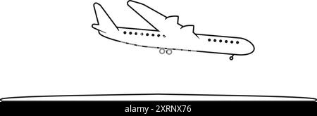 Airplane or aeroplane coming in for landing at the airport runway line art vector Stock Vector