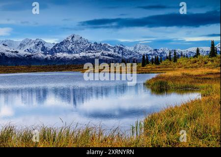 Knob Lake and the snow covered Chugach Mountains in the Matanuska Valley of South Central Alaska Stock Photo
