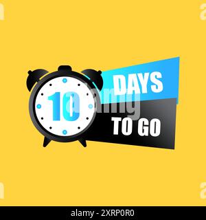 Countdown timer illustration. Number ten focus. Bold 10 days to go text. Yellow background with blue accents. Stock Vector