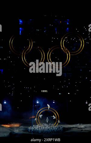 The Olympic Rings are lifted during the Closing Ceremony of the Olympic ...