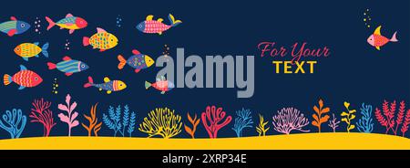 Underwater sea fish abstract cartoon banner. Ocean coral reef, marine or aquarium seaweed childish background. Abstract naive design, undersea seascape mockup space for your text, vector illustration Stock Vector