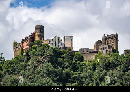 Middle Rhine River Valley, Germany – June 11, 2024: The Schoenburg castle on a hill above the town of Oberwesel Upper Middle Rhine Valley along the Rh Stock Photo