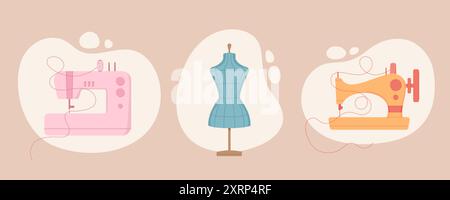 Sewing Machine, Mannequin, and Thread Design Stock Vector