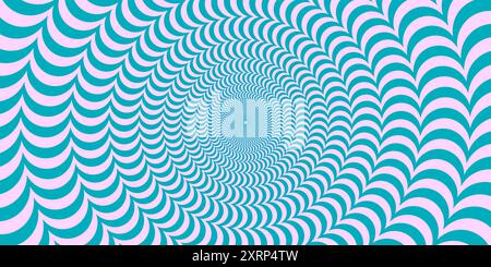 Blue and pink abstract wavy line surface. Radial distorted waves poster design. Optical illusion background. Trippy sunburst wallpaper. Vector spinning hypnotic illustration Stock Vector