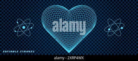 3D Wireframe Heart with Atomic Symbols, Futuristic Y2K Design Stock Vector