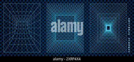 Abstract 3D Wireframe Tunnels on Checkered Grid Background Stock Vector