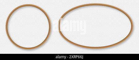 Rope frames, realistic jute cord borders, hemp twisted rope in circle and oval shapes. Stock Vector