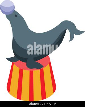 Trained seal balancing a ball on its nose while performing on a circus ...