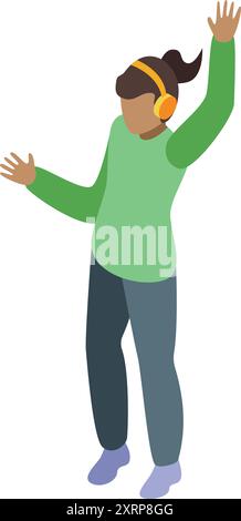 Young woman wearing headphones is dancing and raising hand isometric icon Stock Vector