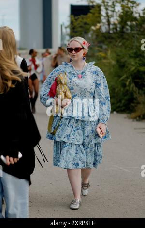 Street style, Kristen Bateman arriving at Rolf Ekroth Spring Summer 2025 show, held at Copenhagen Fashion Week, Denmark, on August 5, 2024. Photo by Marie-Paola Bertrand-Hillion/ABACAPRESS.COM Stock Photo