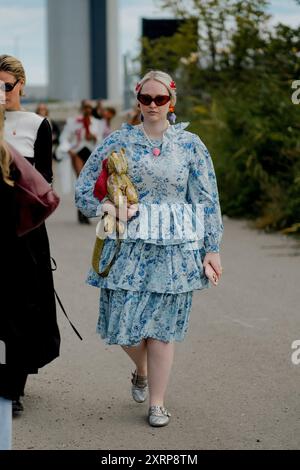 Street style, Kristen Bateman arriving at Rolf Ekroth Spring Summer 2025 show, held at Copenhagen Fashion Week, Denmark, on August 5, 2024. Photo by Marie-Paola Bertrand-Hillion/ABACAPRESS.COM Stock Photo