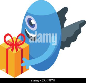 Blue cartoon monster holding a gift box with a red ribbon isometric icon, for birthday or celebration related design Stock Vector