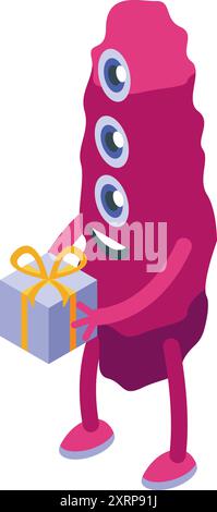 Purple monster with three eyes is holding a wrapped present with a yellow ribbon Stock Vector
