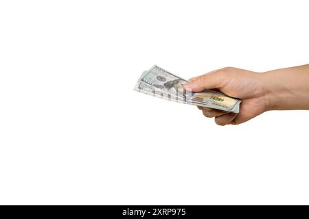 Man hand with dollars. Unrecognizable person giving other person USA Dollar bill Stock Photo