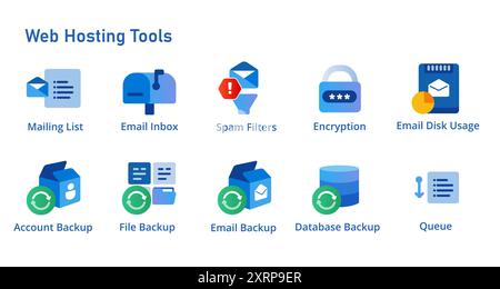 Icon set collection of mail inbox encryption and filter backup database file and full account disk usage web hosting tools collection Stock Vector