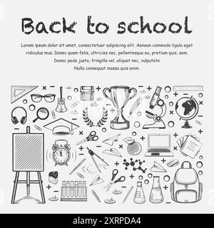 Banner back to school. Sketch stylized drawing with chalk on a white board School supplies, stationery. Rectangular composition with copy space at the Stock Vector