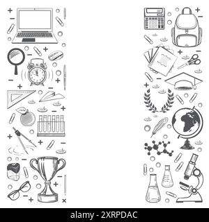 Banner back to school. Sketch stylized drawing with chalk on a white board  School supplies, stationery. Vertical composition with copy space in the c Stock Vector