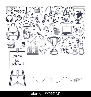 Banner back to school. Sketch stylized drawing with chalk on a white board  School supplies, stationery. Rectangular composition with copy space on to Stock Vector