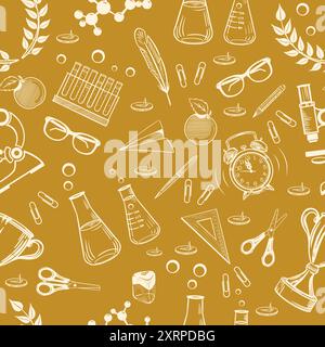 back to school seamless pattern sketch school supplies on yellow background vector Stock Vector