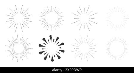 Set Fireworks, rays, sunburst frames circle border decoration, sparkle in doodle style, line sketch explosion isolated on white background. Vector illustration Stock Vector